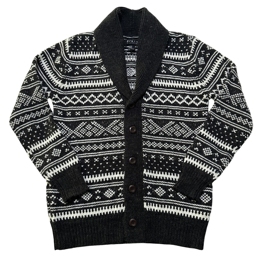 Mens Fair Isle Shawl Collar Cardigan Sweater M Black White Nordic Academia Cabin